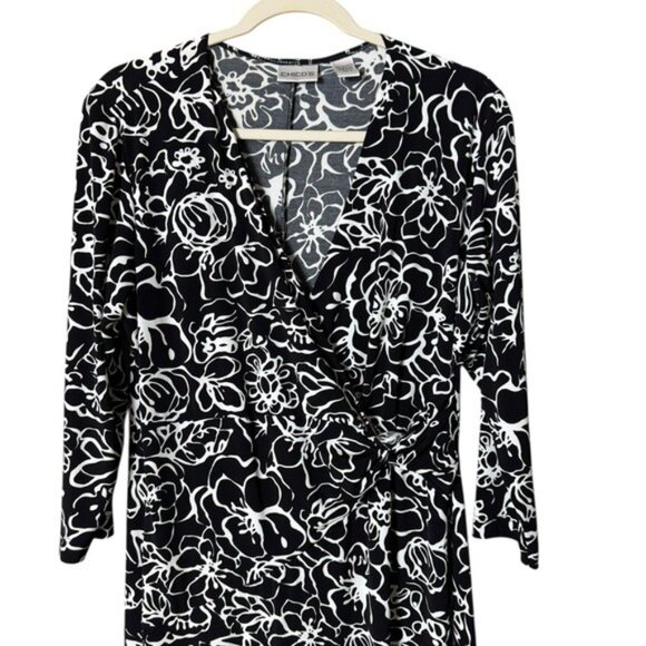 Chicos Faux Wrap Floral Dress Large Liquid Knit Midi Classy Artsy Career Wear - Picture 2 of 6